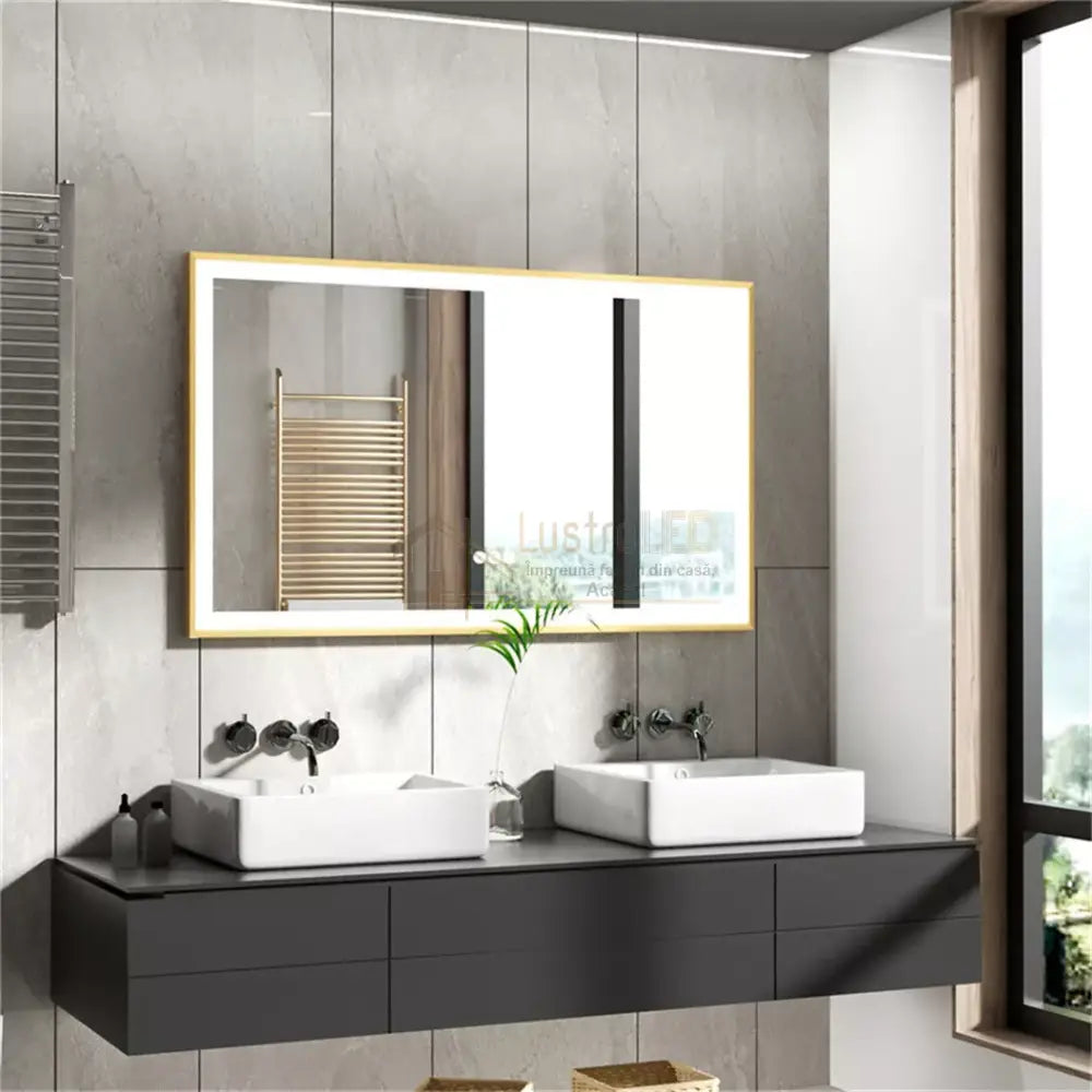 Oglinda LED 100x80cm Rama Aurie Senzor Dezaburire 3 Lumini Temperatura si Ceas W10L led mirror