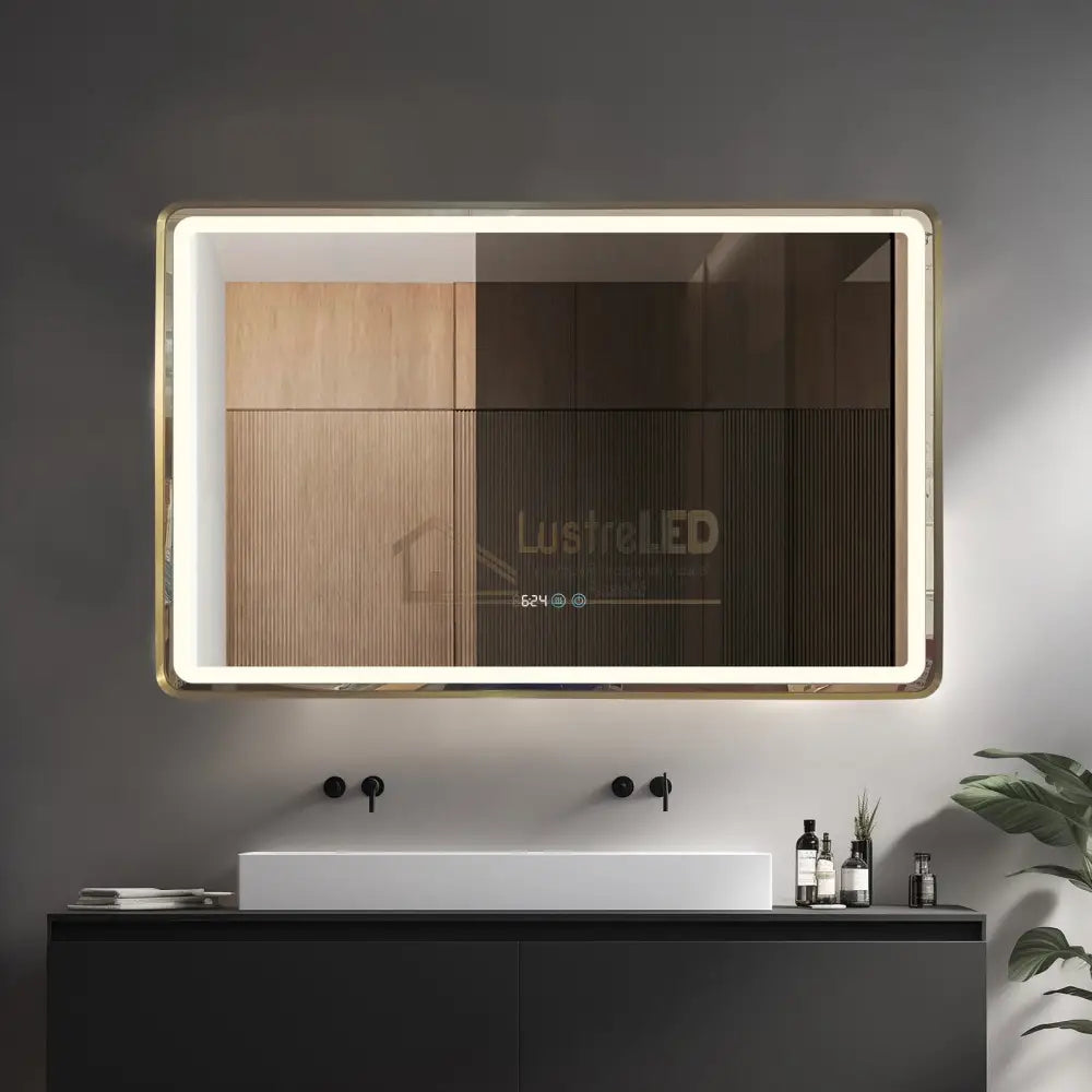 Oglinda Led 110X70Cm Rama Aurie Dezaburire Ceas Temperatura Touch Si 3 Lumini Od058/Gd