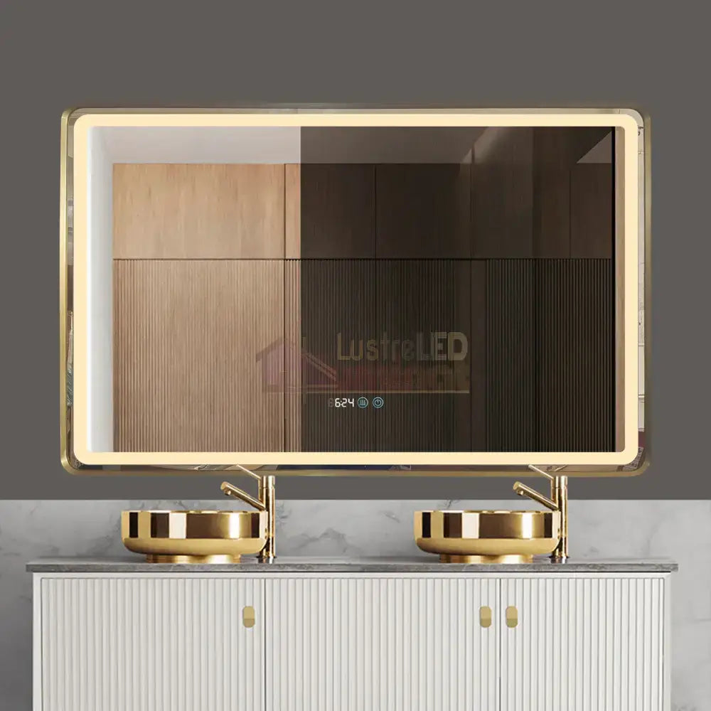 Oglinda Led 110X70Cm Rama Aurie Dezaburire Ceas Temperatura Touch Si 3 Lumini Od058/Gd Mirror