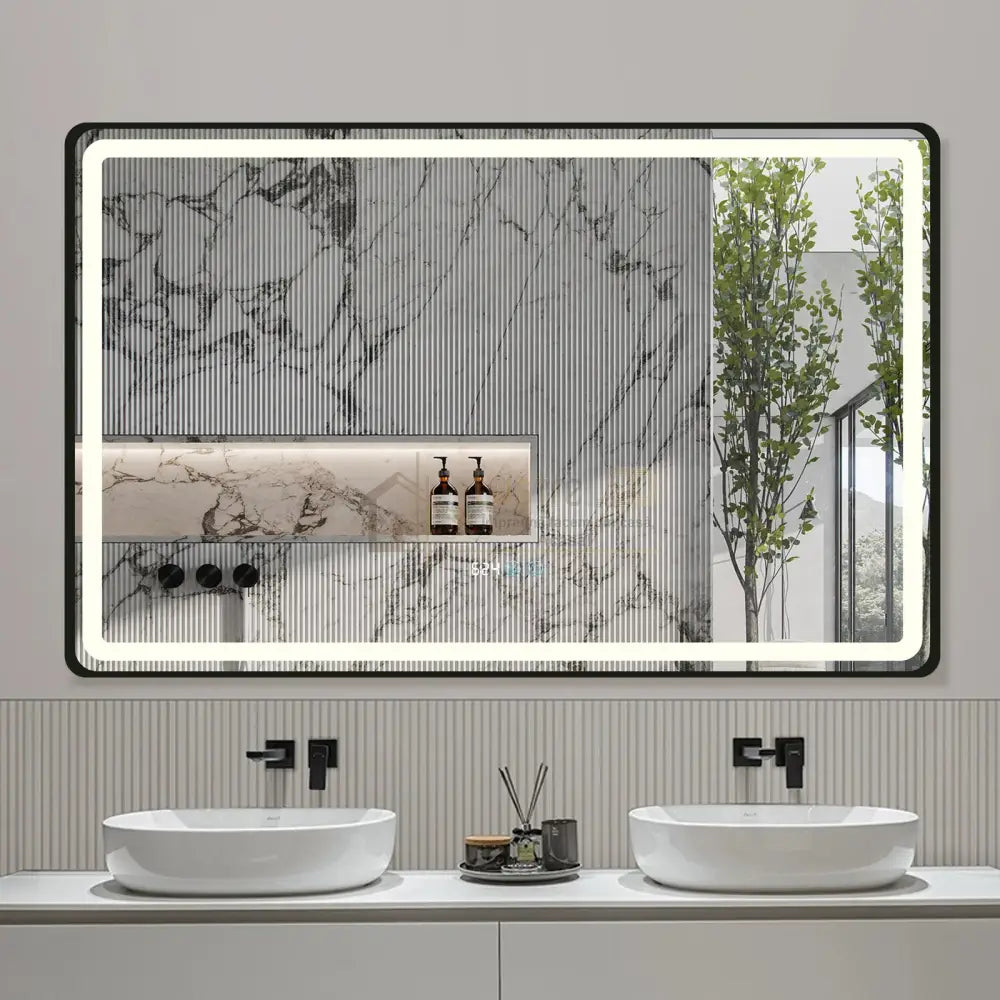 Oglinda Led 110X70Cm Rama Neagra Dezaburire Ceas Temperatura Touch Si 3 Lumini Od058/Bk
