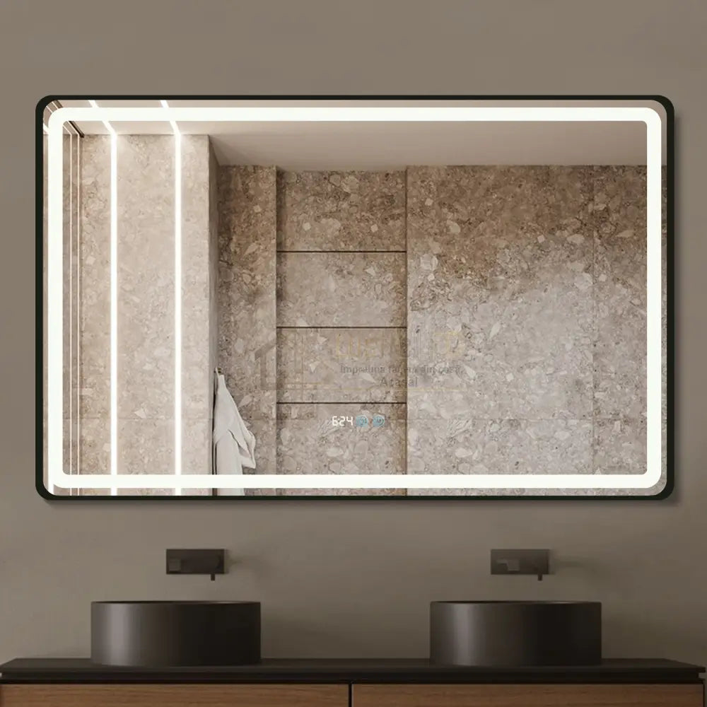 Oglinda Led 110X70Cm Rama Neagra Dezaburire Ceas Temperatura Touch Si 3 Lumini Od058/Bk