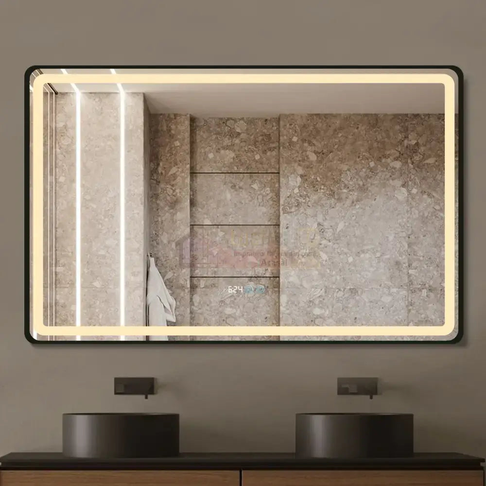 Oglinda Led 110X70Cm Rama Neagra Dezaburire Ceas Temperatura Touch Si 3 Lumini Od058/Bk Mirror