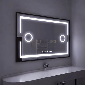 Oglinda LED 120x80cm cu Rama Neagra Functie Dezaburire, Touch Lupa si Ceas