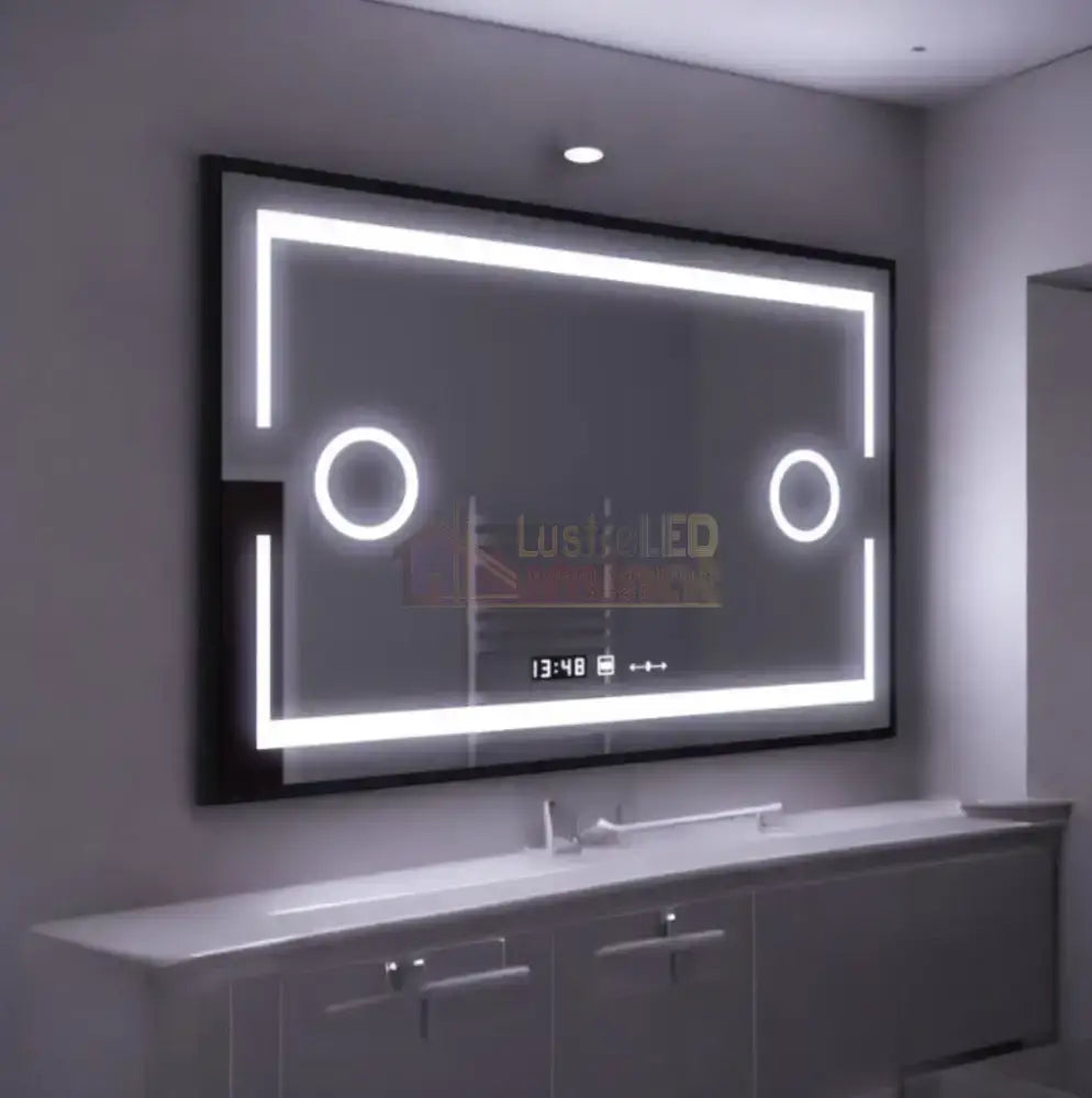 Oglinda Led 120X80Cm Cu Rama Neagra Functie Dezaburire Touch Lupa Si Ceas Mirror