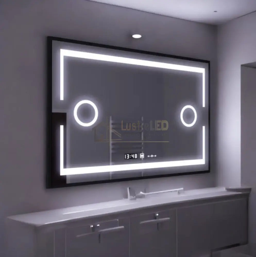 Oglinda Led 120X80Cm Cu Rama Neagra Functie Dezaburire Touch Lupa Si Ceas Led Mirror