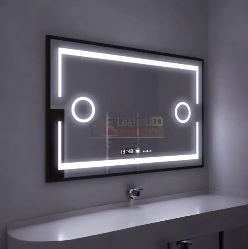 Oglinda Led 120X80Cm Cu Rama Neagra Functie Dezaburire Touch Lupa Si Ceas Mirror