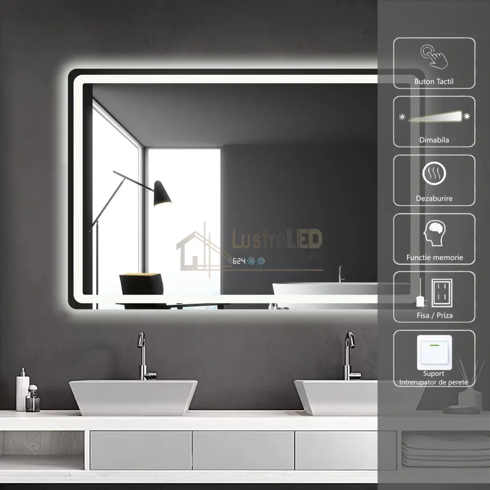 Oglinda Led 120X80Cm Dezaburire Ceas Temperatura Touch Si 3 Lumini Od058