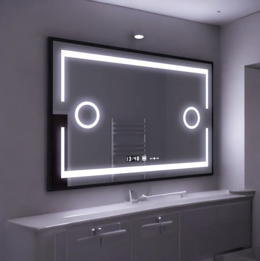 Oglinda LED 120x80cm cu Rama Neagra Functie Dezaburire, Touch Lupa si Ceas