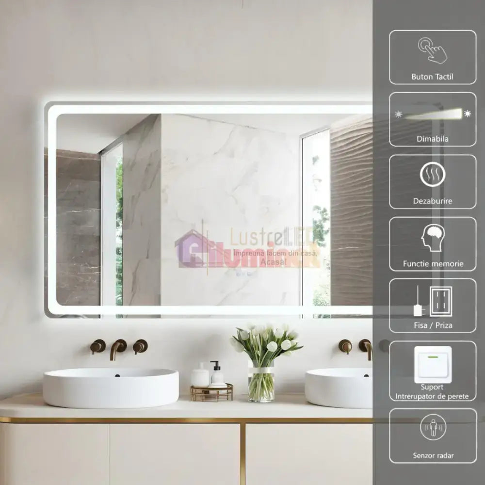 Oglinda LED 150x80CM cu Senzor Radar, 3 Lumini, Touch, Dezaburire, Ceas, Termometru lustreled.ro