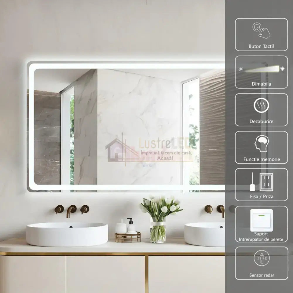 Oglinda LED 150x80CM cu Senzor Radar 3 Lumini Touch Dezaburire Ceas Termometru ARGINTIE / 150x80CM LED MIRROR