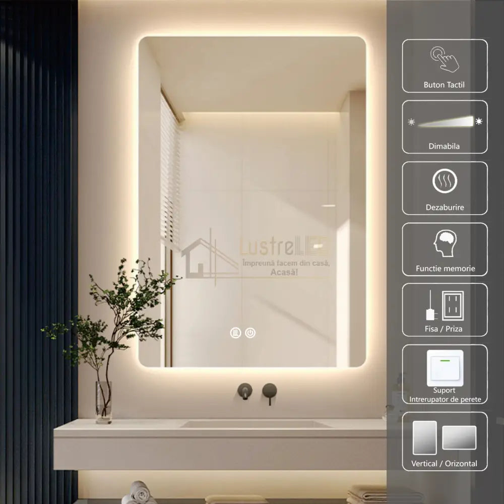 Oglinda Led 50X70Cm 3 Lumini Dezaburire Si Touch Od030 Led Mirror