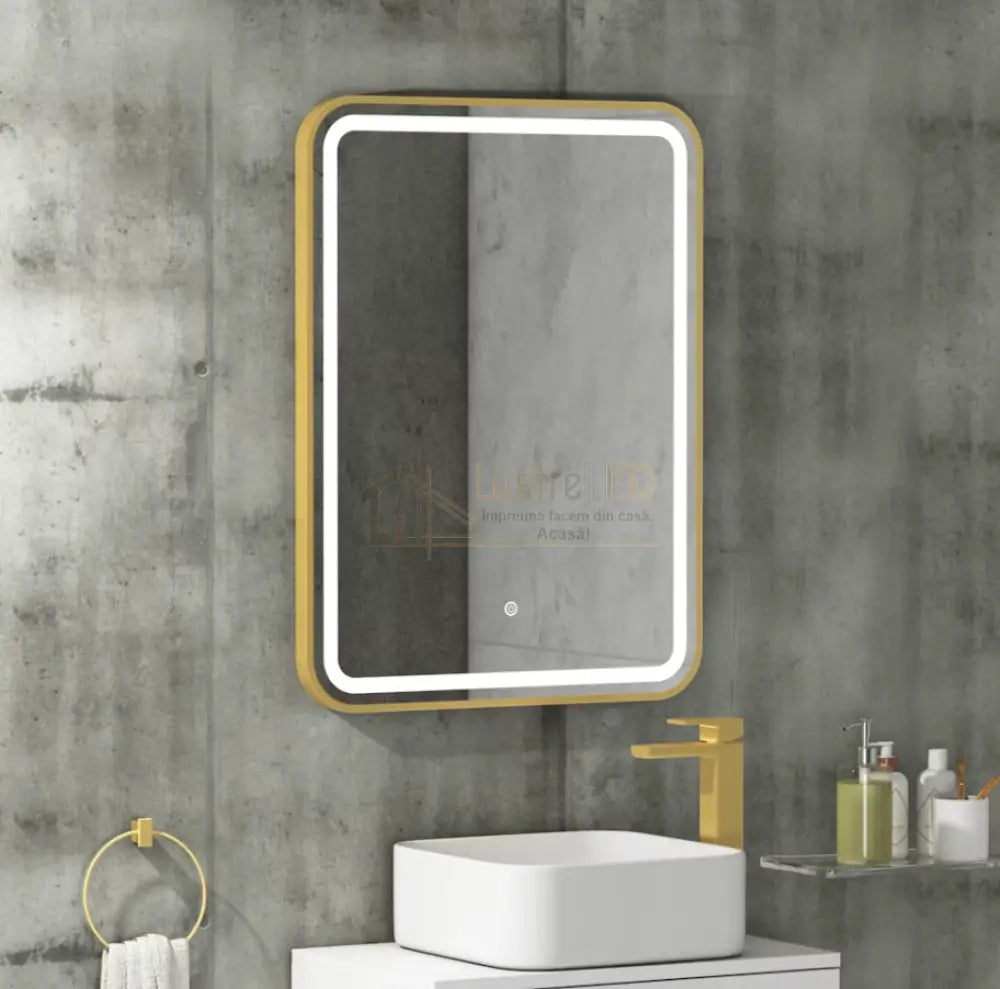 Oglinda Led 50X70Cm Rama Aurie Cu Dezaburire Si Touch J35Cp Led Mirror