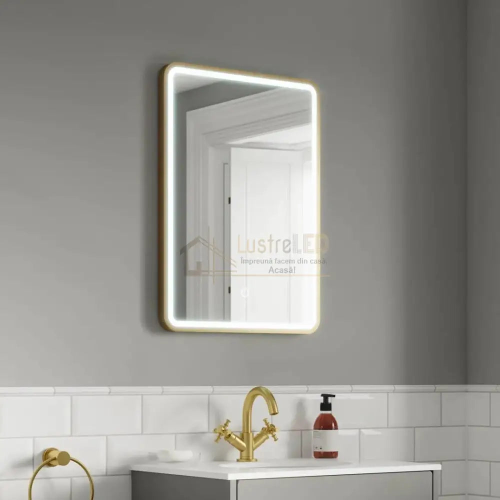 Oglinda Led 50X70Cm Rama Aurie Cu Dezaburire Si Touch J35Cp Led Mirror