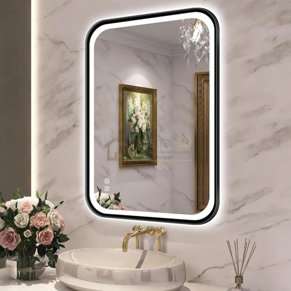 Oglinda Led 50X70Cm Rama Neagra Cu Dezaburire Si Touch J35 Led Mirror