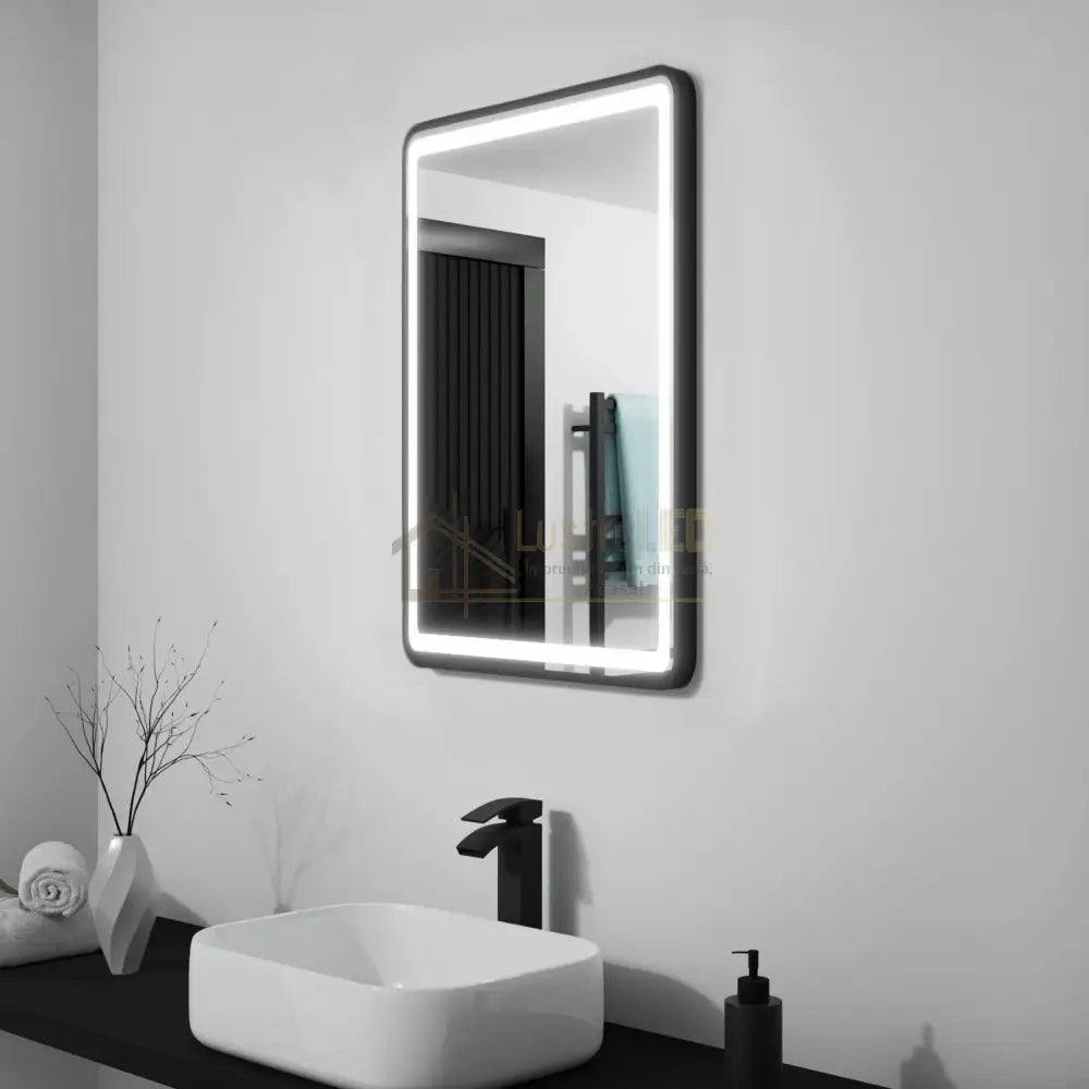 Oglinda Led 50X70Cm Rama Neagra Cu Dezaburire Si Touch J35 Led Mirror