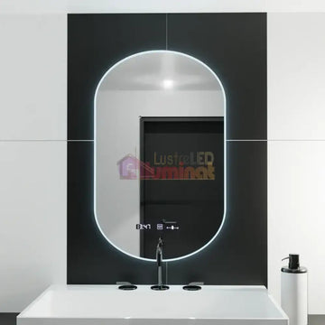 Oglinda LED 50x80cm Ovala, Senzor, 3 Lumini, Ceas, Dezaburire si Touch