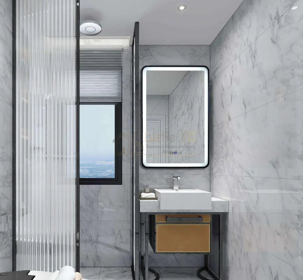 Oglinda Led 60X100Cm Cu Rama Neagra Functie Dezaburire Touch Si Ceas J38 Led Mirror