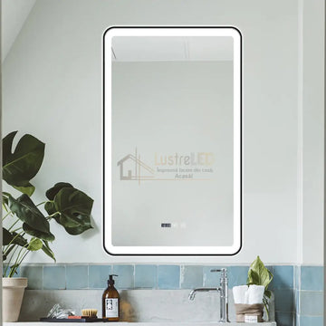 Oglinda LED 60x100cm cu Rama Neagra Functie Dezaburire, Touch si Ceas J38