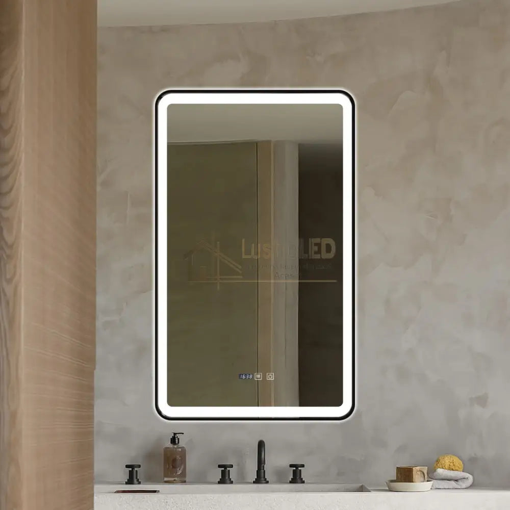 Oglinda Led 60X100Cm Cu Rama Neagra Functie Dezaburire Touch Si Ceas J38 Led Mirror