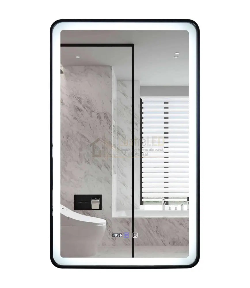 Oglinda Led 60X100Cm Cu Rama Neagra Functie Dezaburire Touch Si Ceas J38 Led Mirror