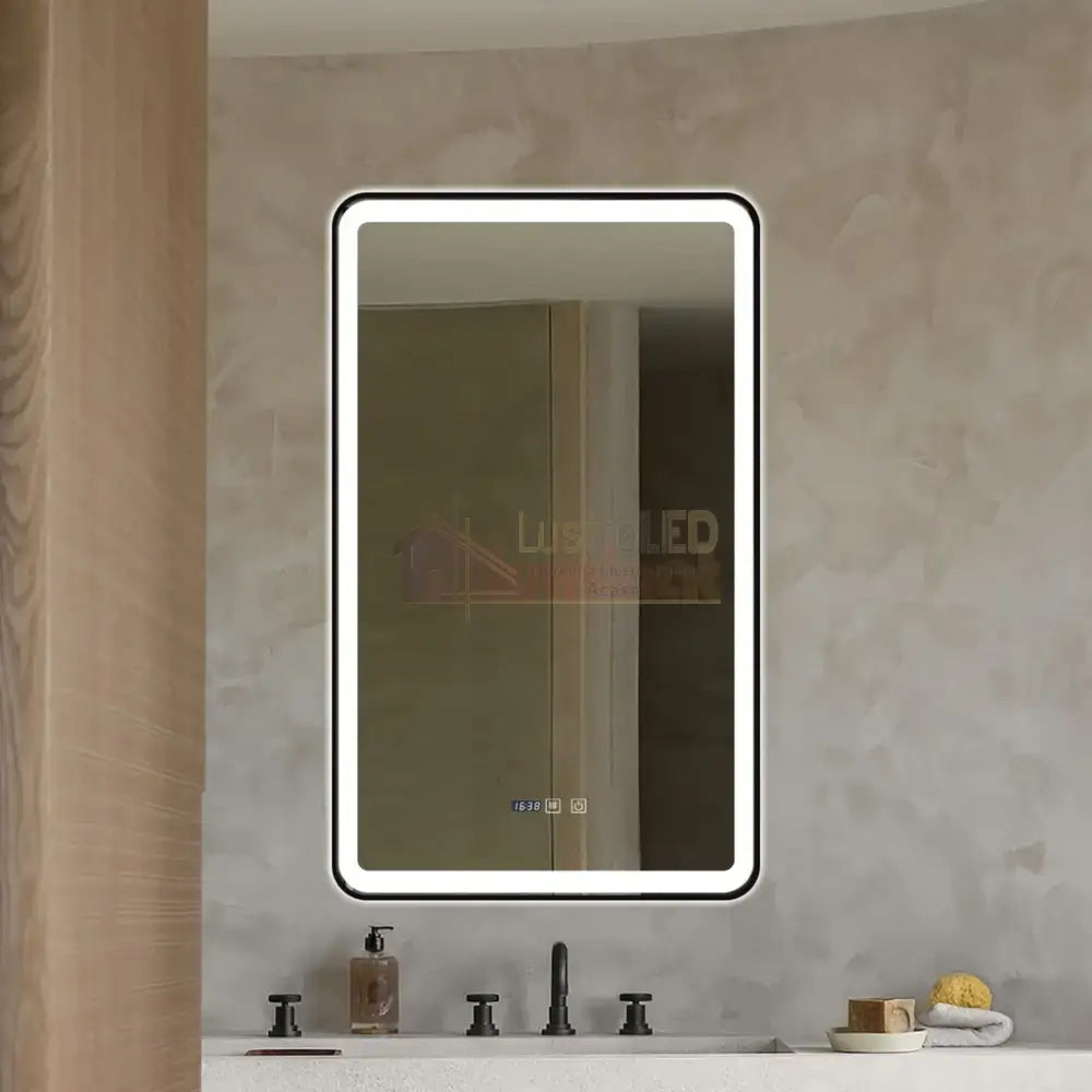 Oglinda Led 60X100Cm Cu Rama Neagra Functie Dezaburire Touch Si Ceas J38 Mirror