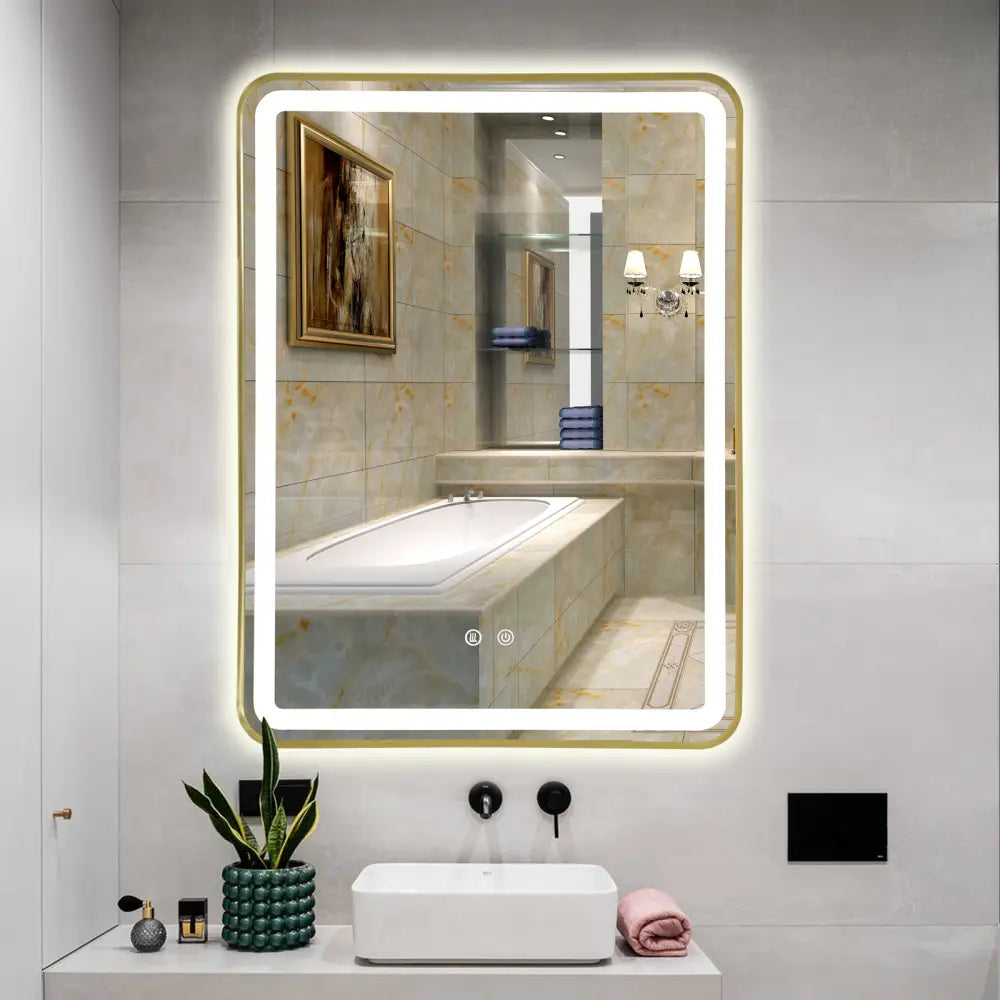 Oglinda Led 60X80Cm Rama Aurie 3 Lumini Dezaburire Si Touch Od039/Gd Led Mirror