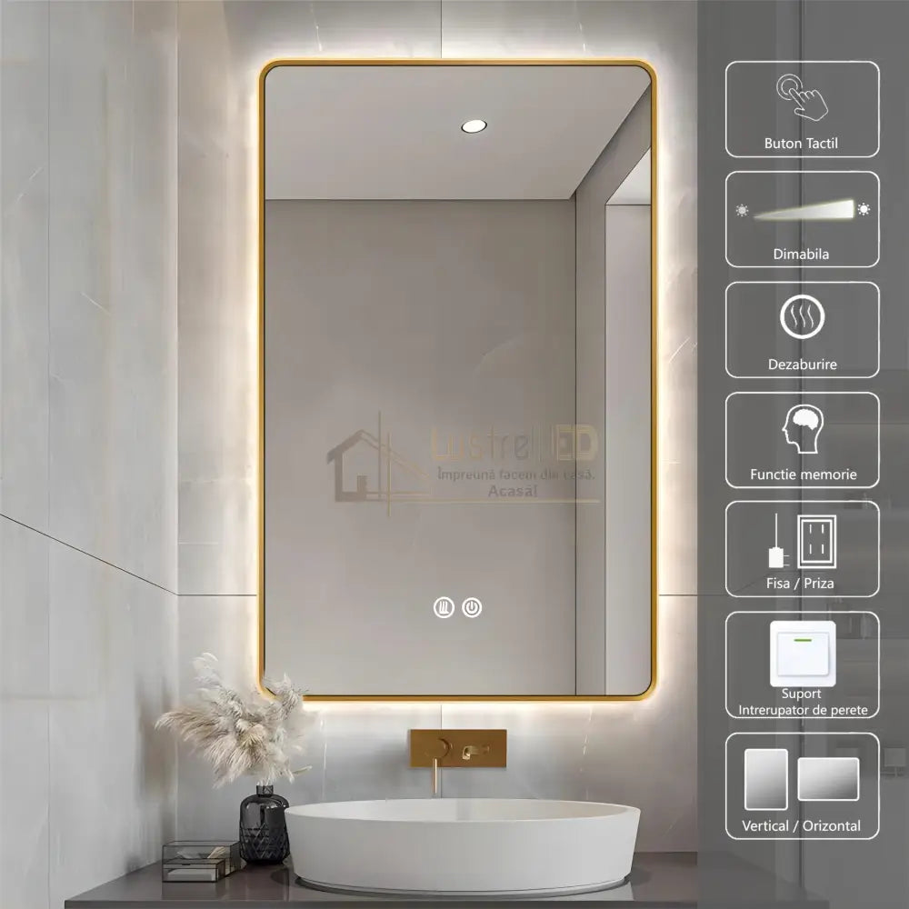 Oglinda Led 60X80Cm Rama Aurie 3 Lumini Dezaburire Si Touch Od041/Gd Led Mirror