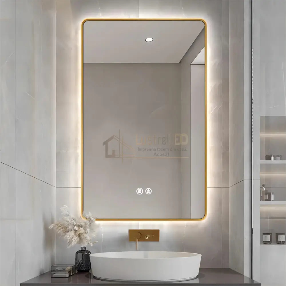 Oglinda Led 60X80Cm Rama Aurie 3 Lumini Dezaburire Si Touch Od041/Gd Led Mirror