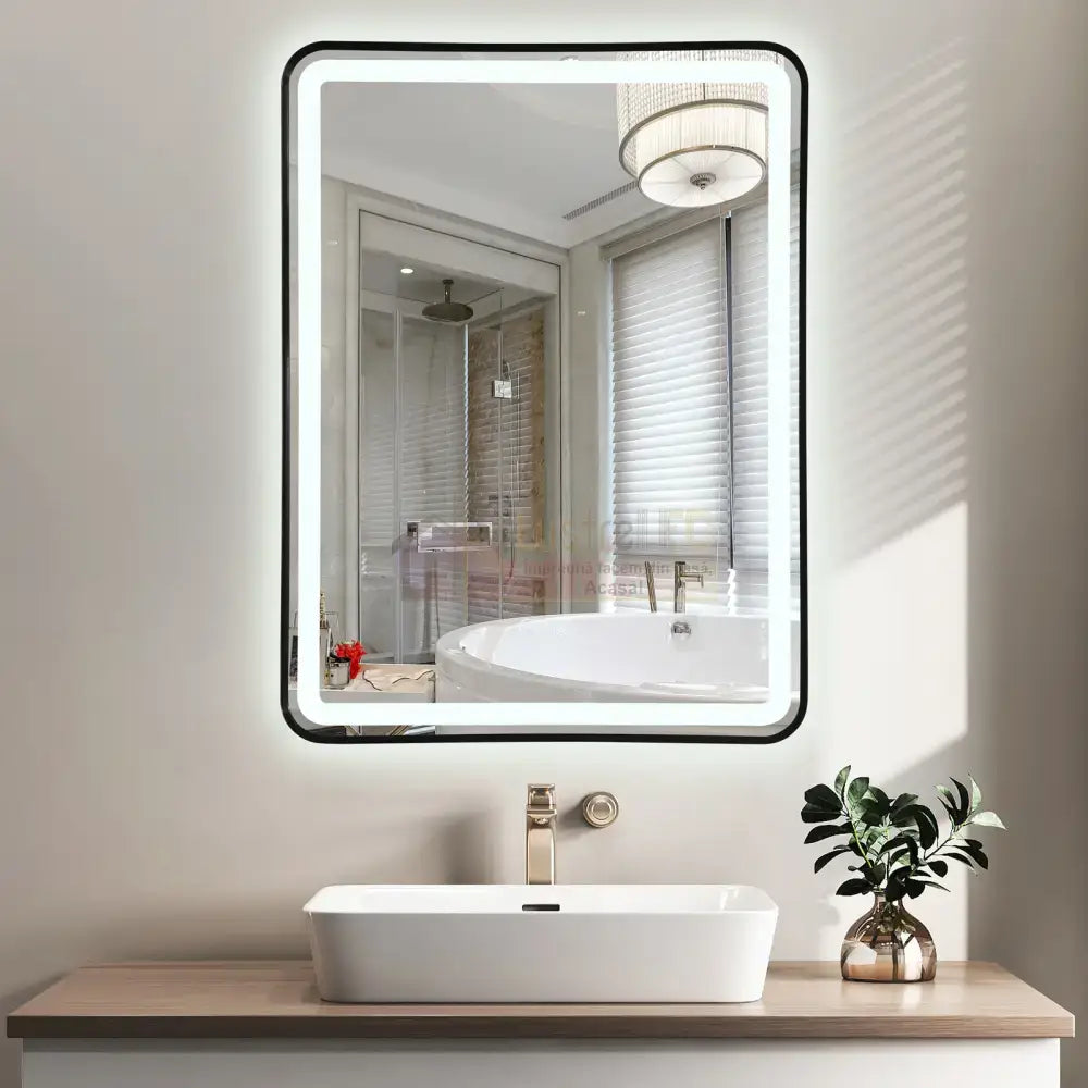 Oglinda Led 60X80Cm Rama Neagra 3 Lumini Dezaburire Si Touch Od039/Bk Mirror