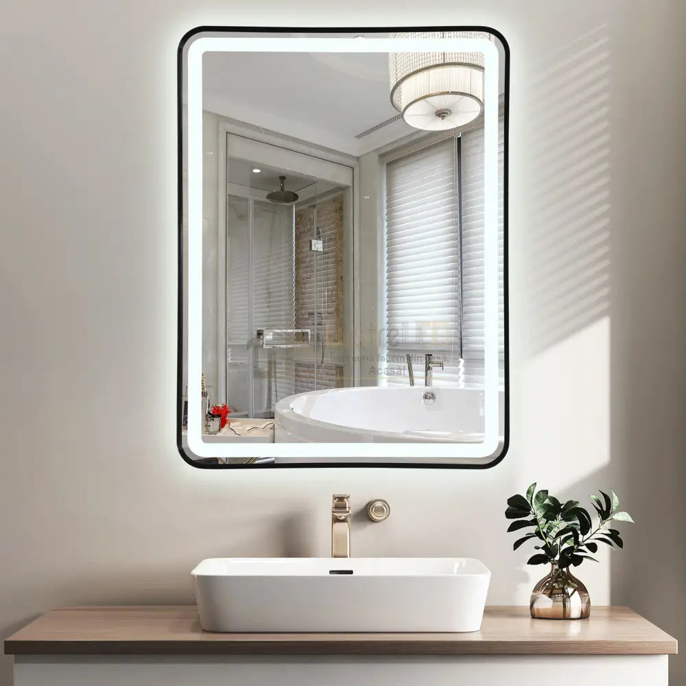 Oglinda Led 60X80Cm Rama Neagra 3 Lumini Dezaburire Si Touch Od039/Bk Led Mirror