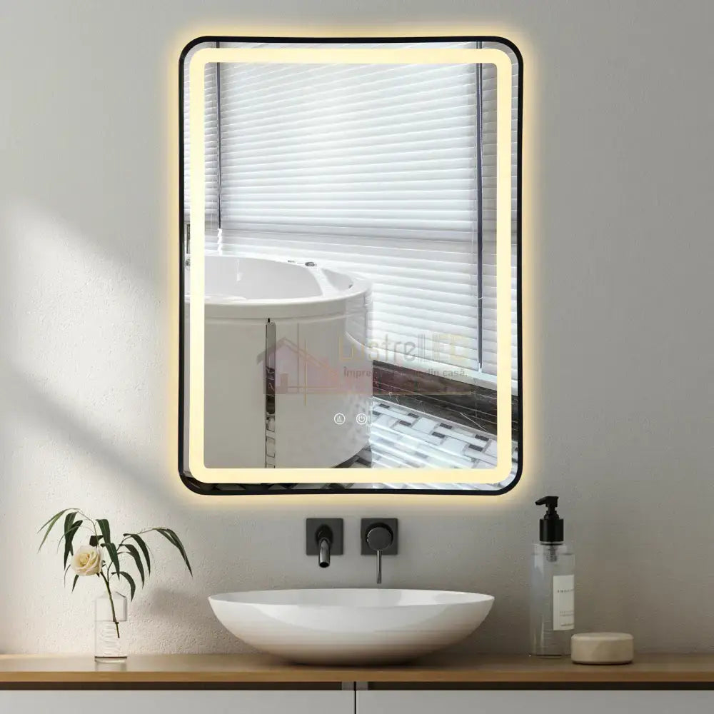 Oglinda Led 60X80Cm Rama Neagra 3 Lumini Dezaburire Si Touch Od039/Bk Mirror