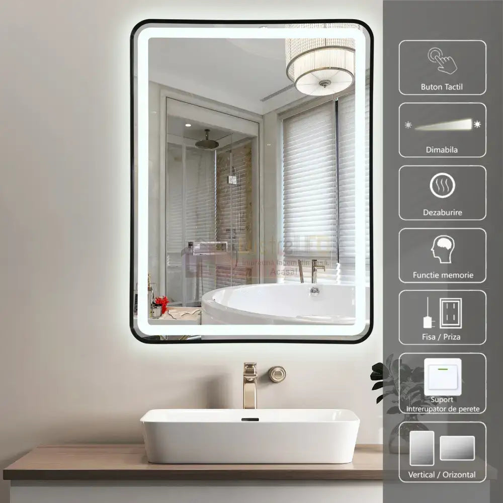 Oglinda Led 60X80Cm Rama Neagra 3 Lumini Dezaburire Si Touch Od039/Bk Mirror