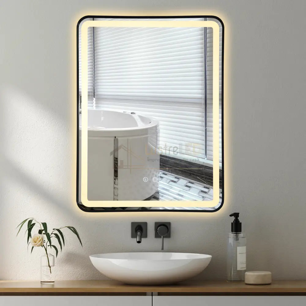 Oglinda Led 60X80Cm Rama Neagra 3 Lumini Dezaburire Si Touch Od039/Bk Led Mirror