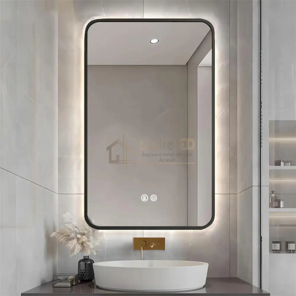 Oglinda Led 60X80Cm Rama Neagra 3 Lumini Dezaburire Si Touch Od041/Bk Led Mirror