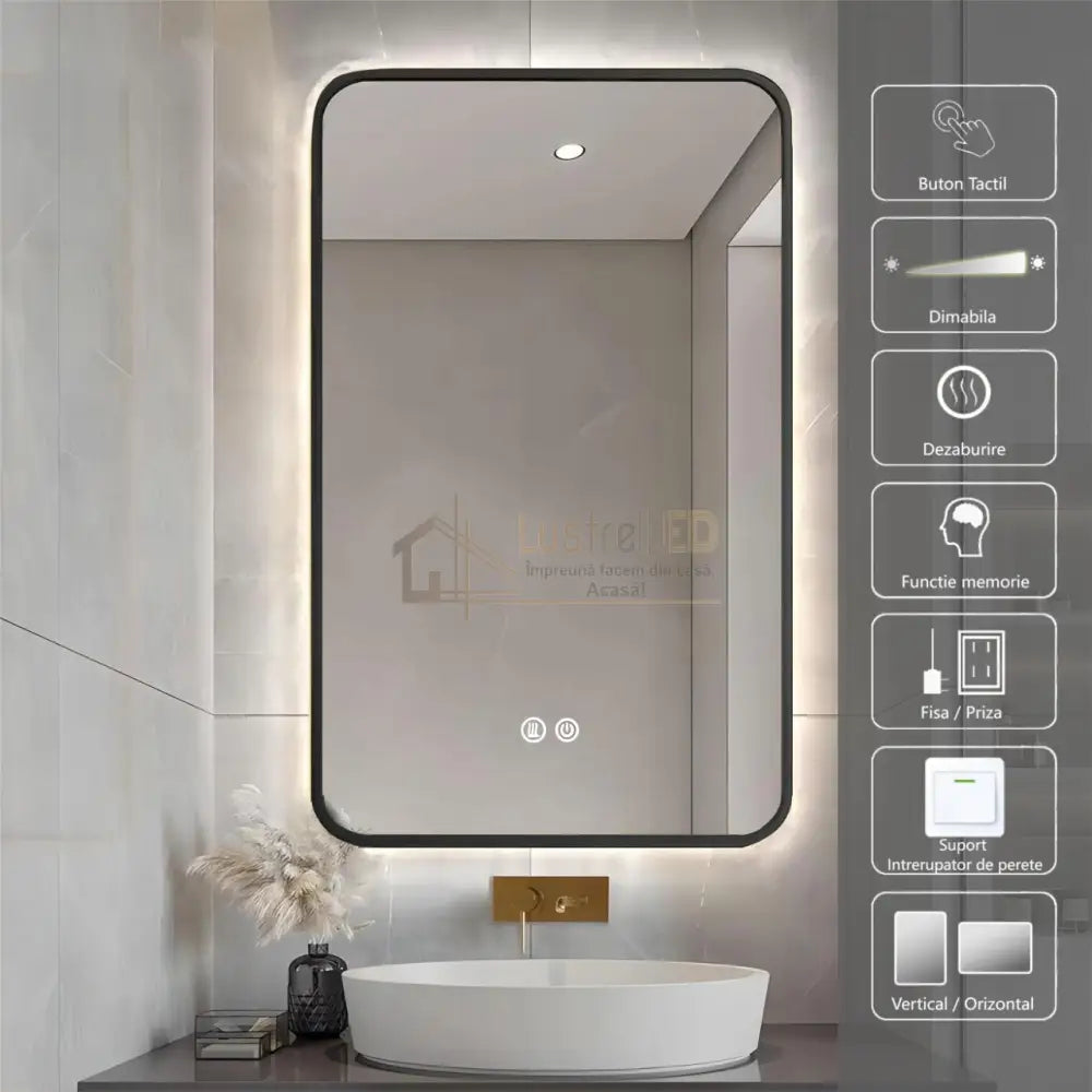 Oglinda Led 60X80Cm Rama Neagra 3 Lumini Dezaburire Si Touch Od041/Bk Led Mirror
