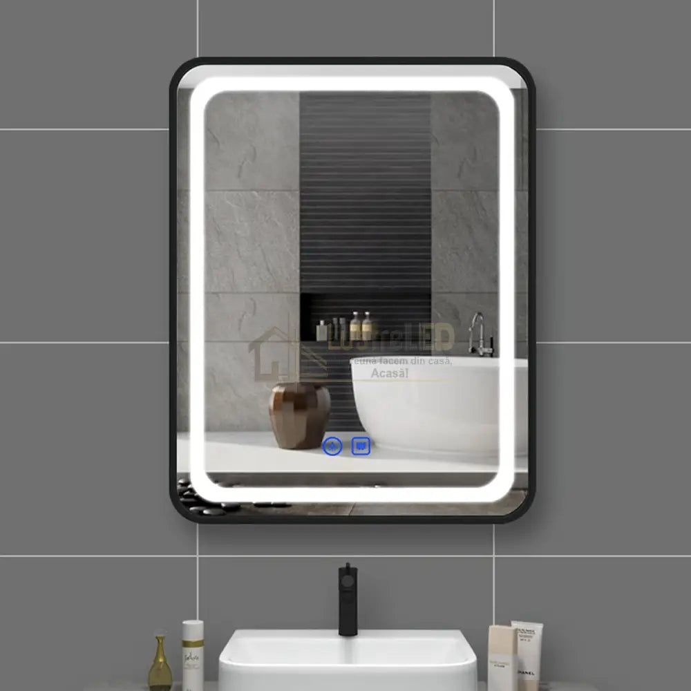 Oglinda Led 60X80Cm Rama Neagra Functie Dezaburire Si Touch J24 Led Mirror