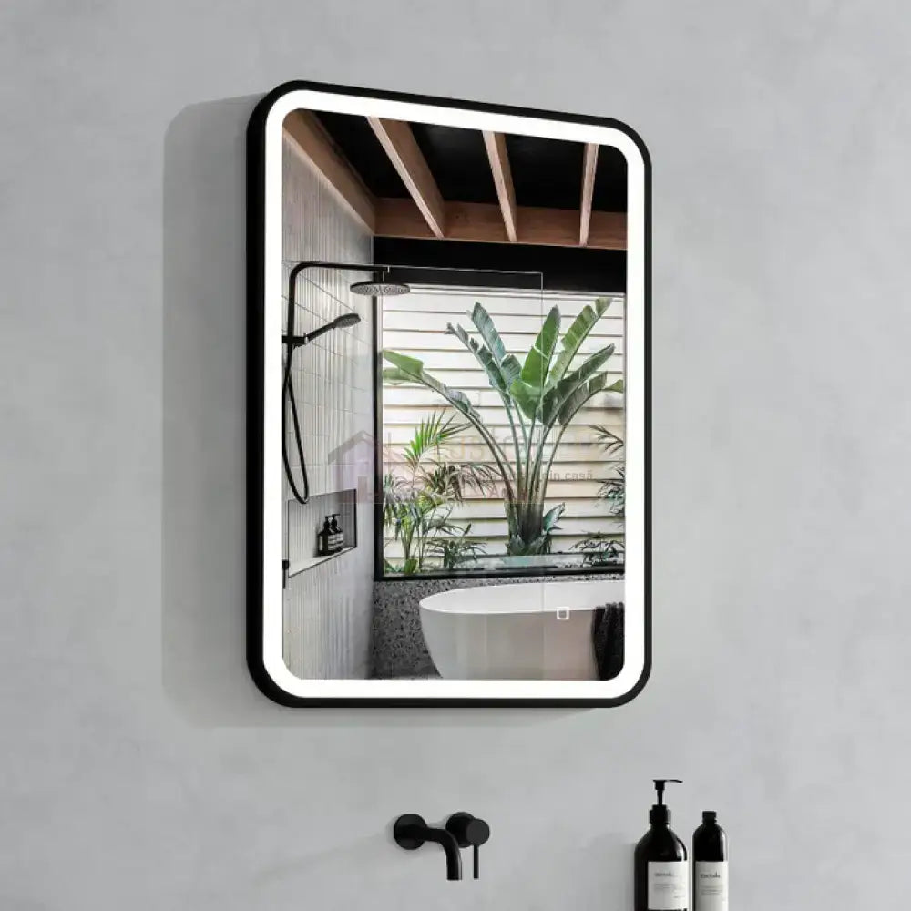 Oglinda Led 60X80Cm Rama Neagra Functie Dezaburire Si Touch J24 Mirror
