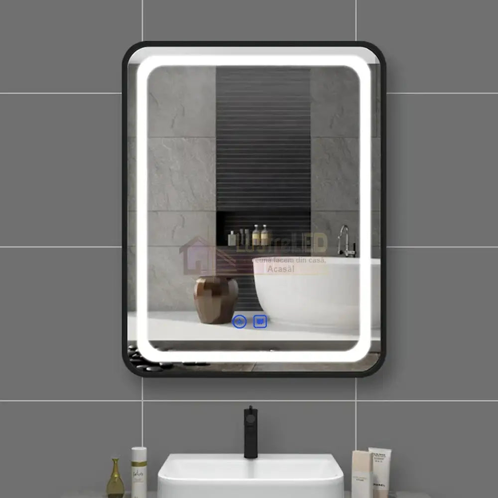 Oglinda Led 60X80Cm Rama Neagra Functie Dezaburire Si Touch J24 Mirror