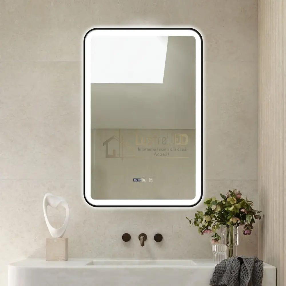 Oglinda Led 60X90Cm Cu Rama Neagra Functie Dezaburire Touch Si Ceas J36 Led Mirror