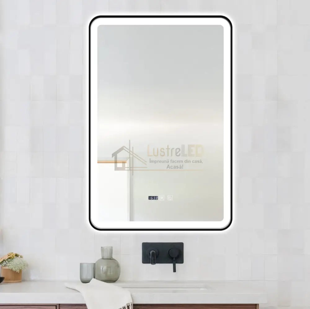 Oglinda Led 60X90Cm Cu Rama Neagra Functie Dezaburire Touch Si Ceas J36 Led Mirror