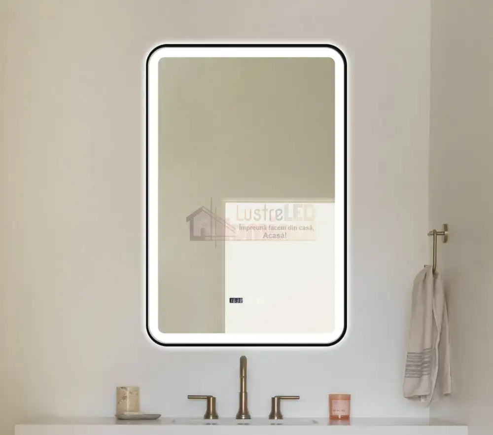 Oglinda Led 60X90Cm Cu Rama Neagra Functie Dezaburire Touch Si Ceas J36 Mirror