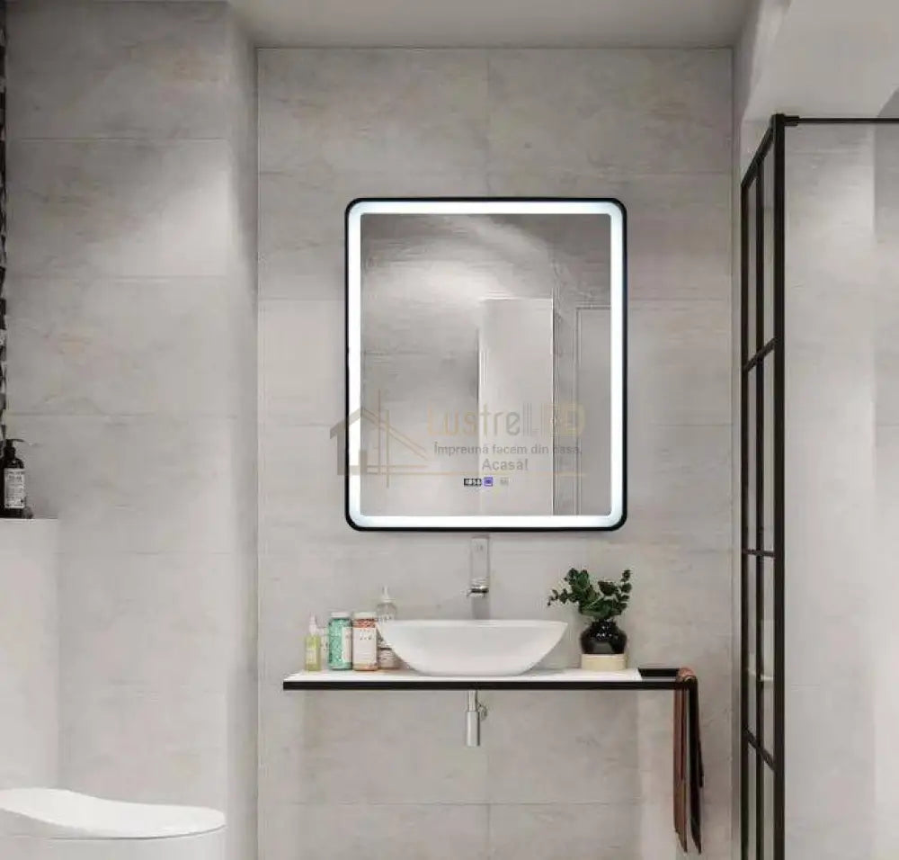 Oglinda Led 75X90Cm Cu Rama Neagra Functie Dezaburire Touch Si Ceas J37 Led Mirror
