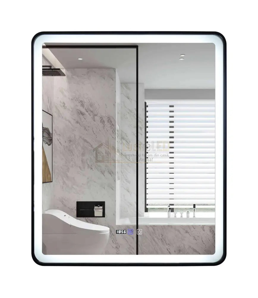 Oglinda Led 75X90Cm Cu Rama Neagra Functie Dezaburire Touch Si Ceas J37 Led Mirror