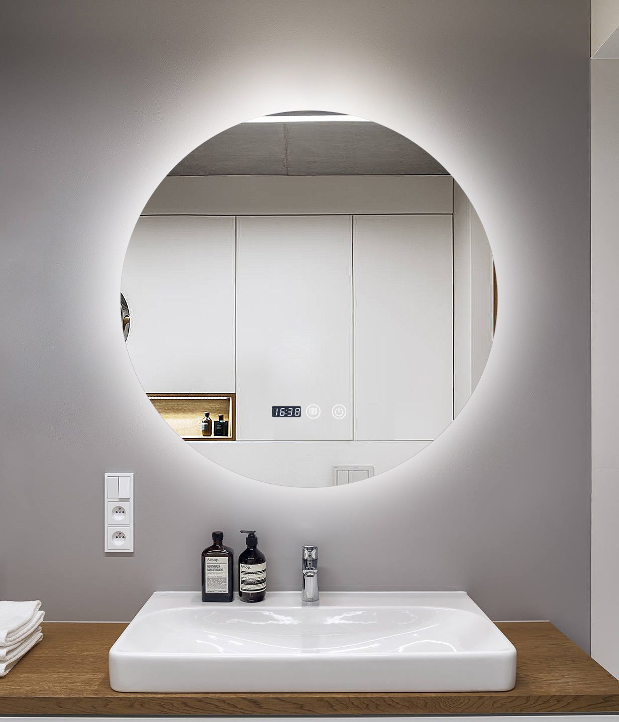 Oglinda LED Rotunda 70cm Functie Dezaburire, Touch, Doua Lumini si Ceas J170