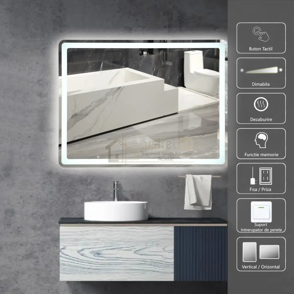 Oglinda Led 80X60Cm 3 Lumini Dezaburire Si Touch Od037Y Led Mirror