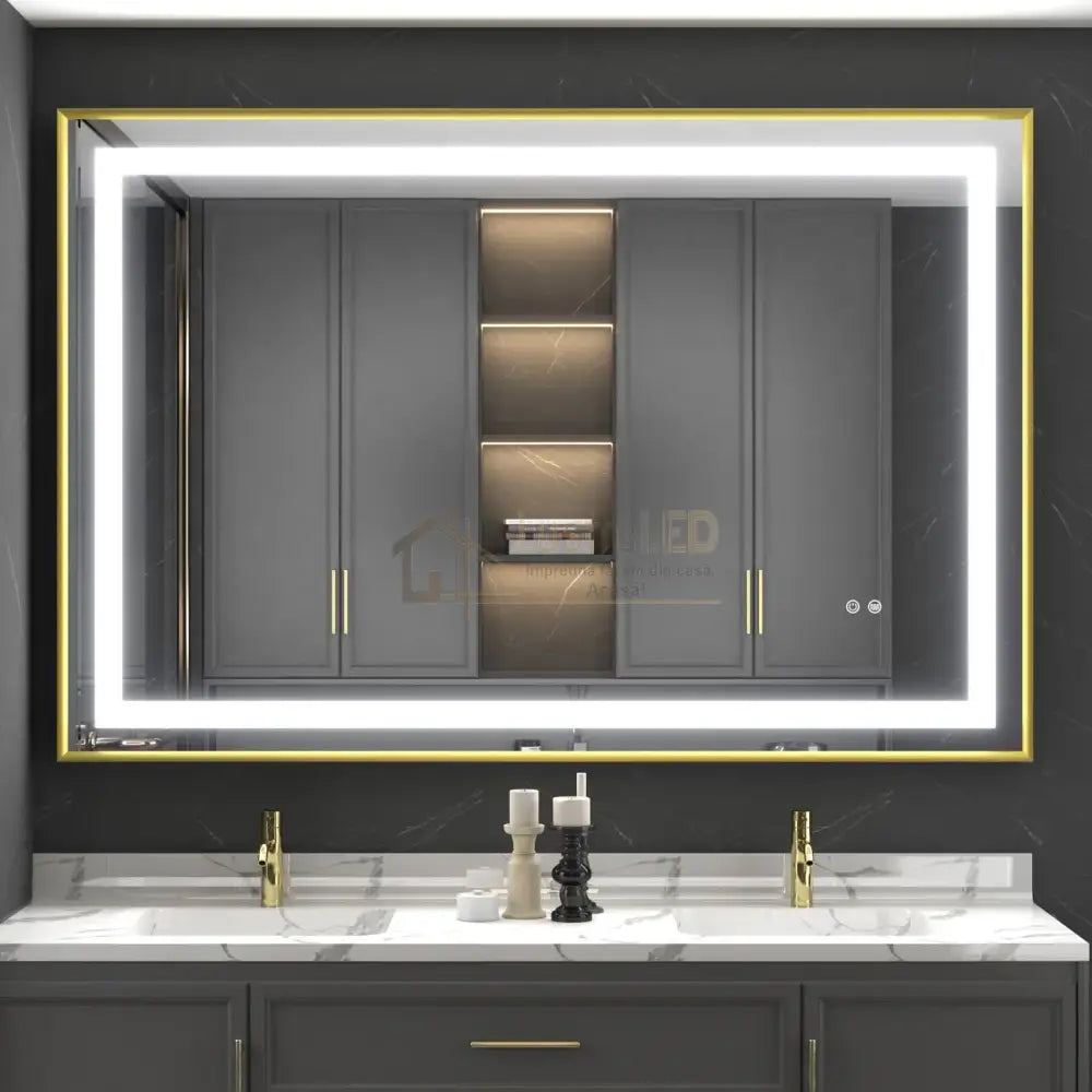 Oglinda Led 80X60Cm Cu Rama Aurie Functie Dezaburire Si Touch J07 Led Mirror