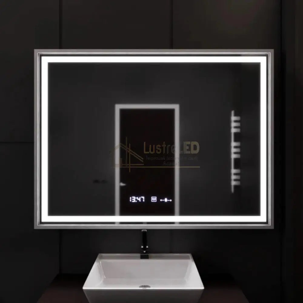 Oglinda LED 80x60cm Rama Argintie Senzor Dezaburire 3 Lumini Temperatura si Ceas W02 led mirror