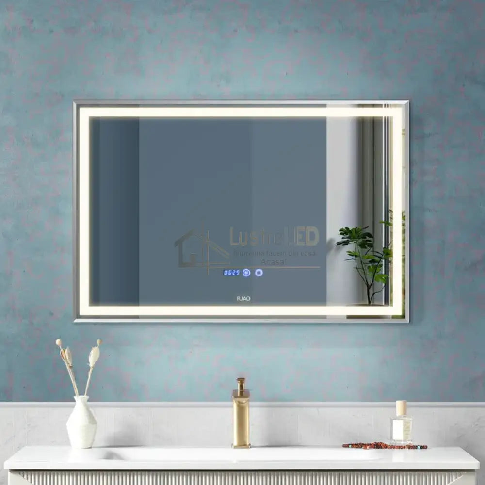 Oglinda LED 80x60cm Rama Argintie Senzor Dezaburire 3 Lumini Temperatura si Ceas W02 led mirror