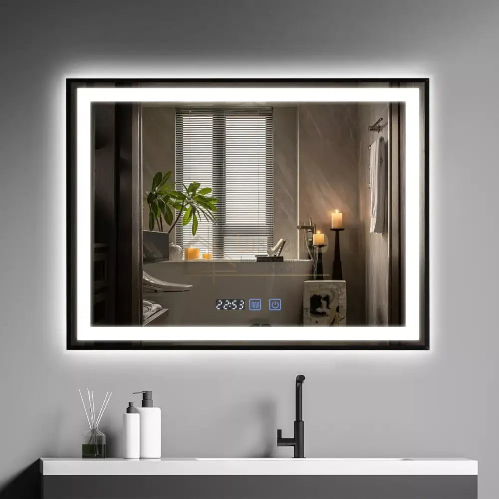 Oglinda LED 80x60cm Rama Neagra Senzor Dezaburire 3 Lumini Temperatura si Ceas W03 led mirror