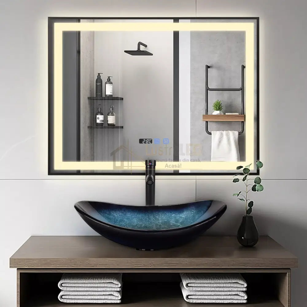 Oglinda LED 80x60cm Rama Neagra Senzor Dezaburire 3 Lumini Temperatura si Ceas W03 led mirror